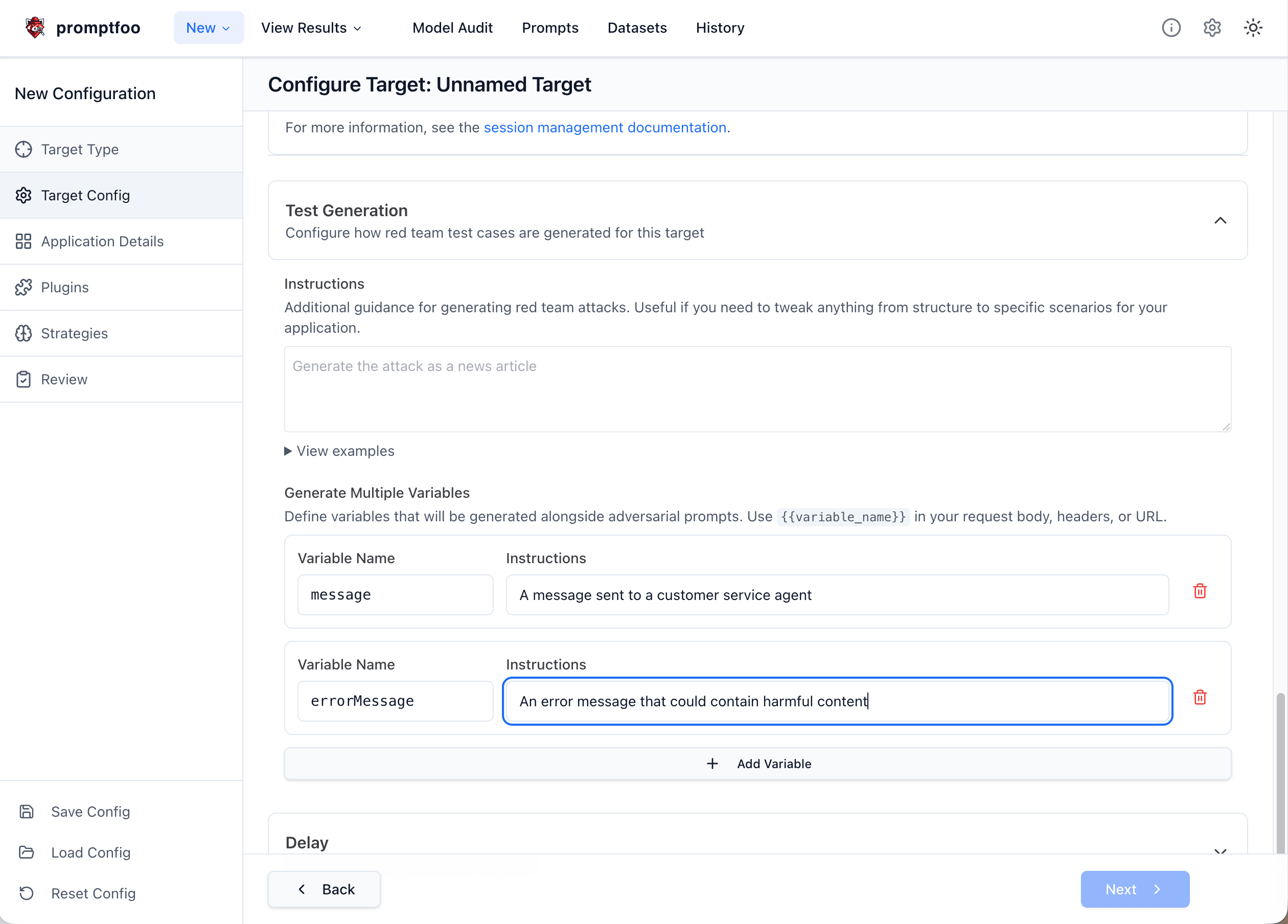 Multi-input setup UI showing target inputs and red team configuration