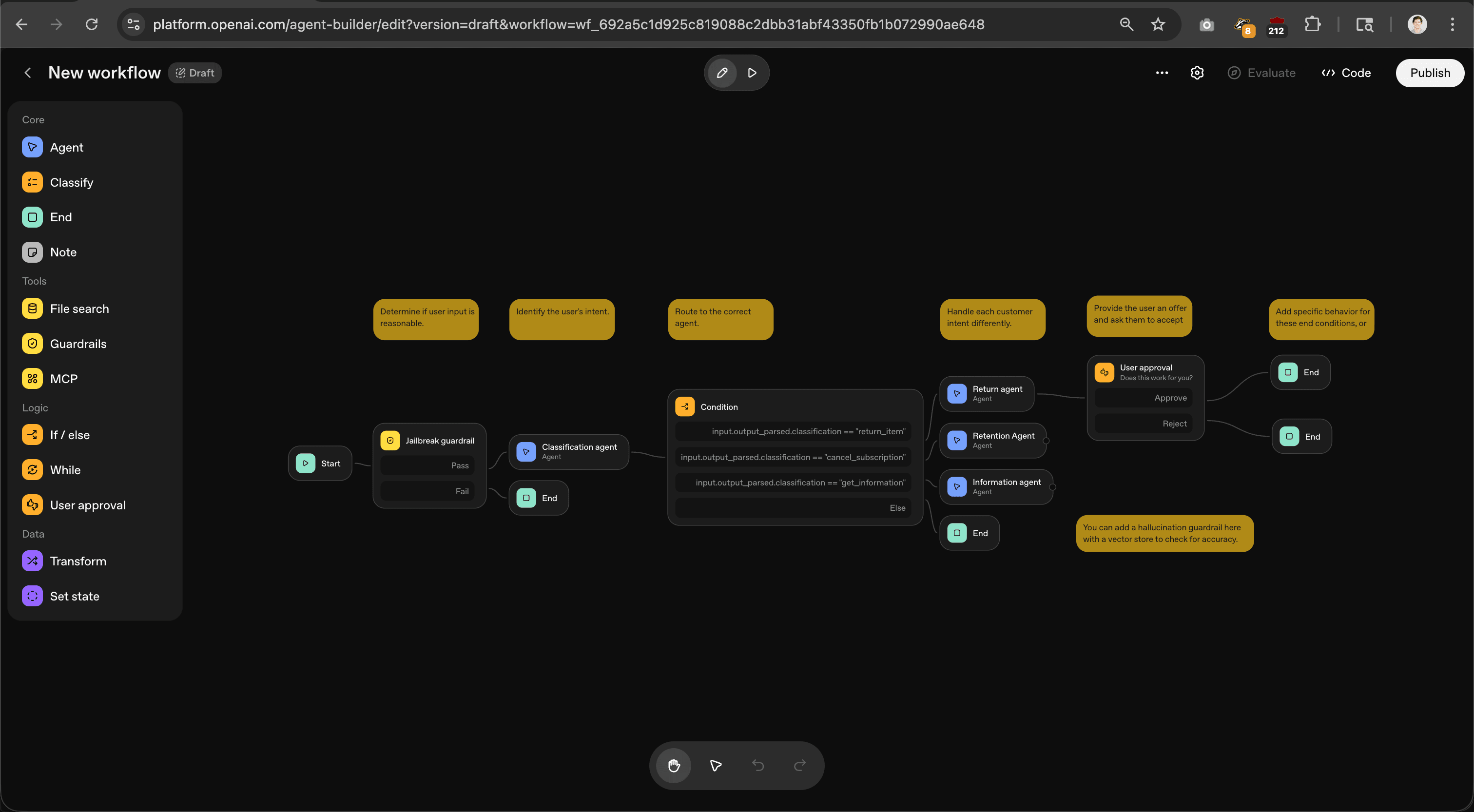 Workflow canvas in Agent Builder