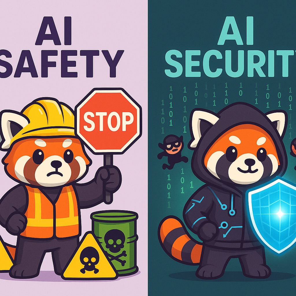 AI Safety vs Security - Heroic red panda mascot showing the split between protecting people from harmful content (safety) and defending systems from hackers (security)