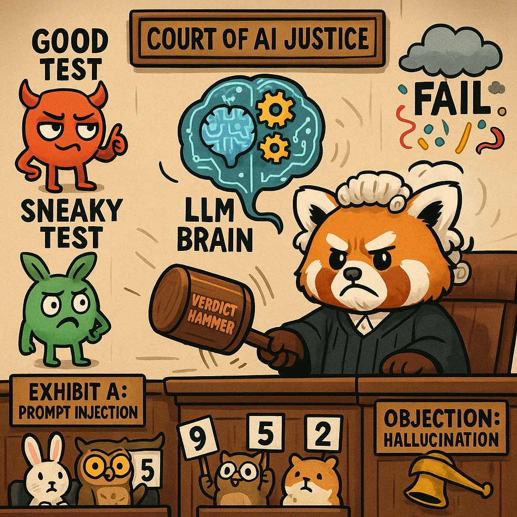Red panda AI judge in courtroom with oversized gavel - test cases presenting evidence while the judge delivers dramatic pass/fail verdicts with confetti and rain clouds