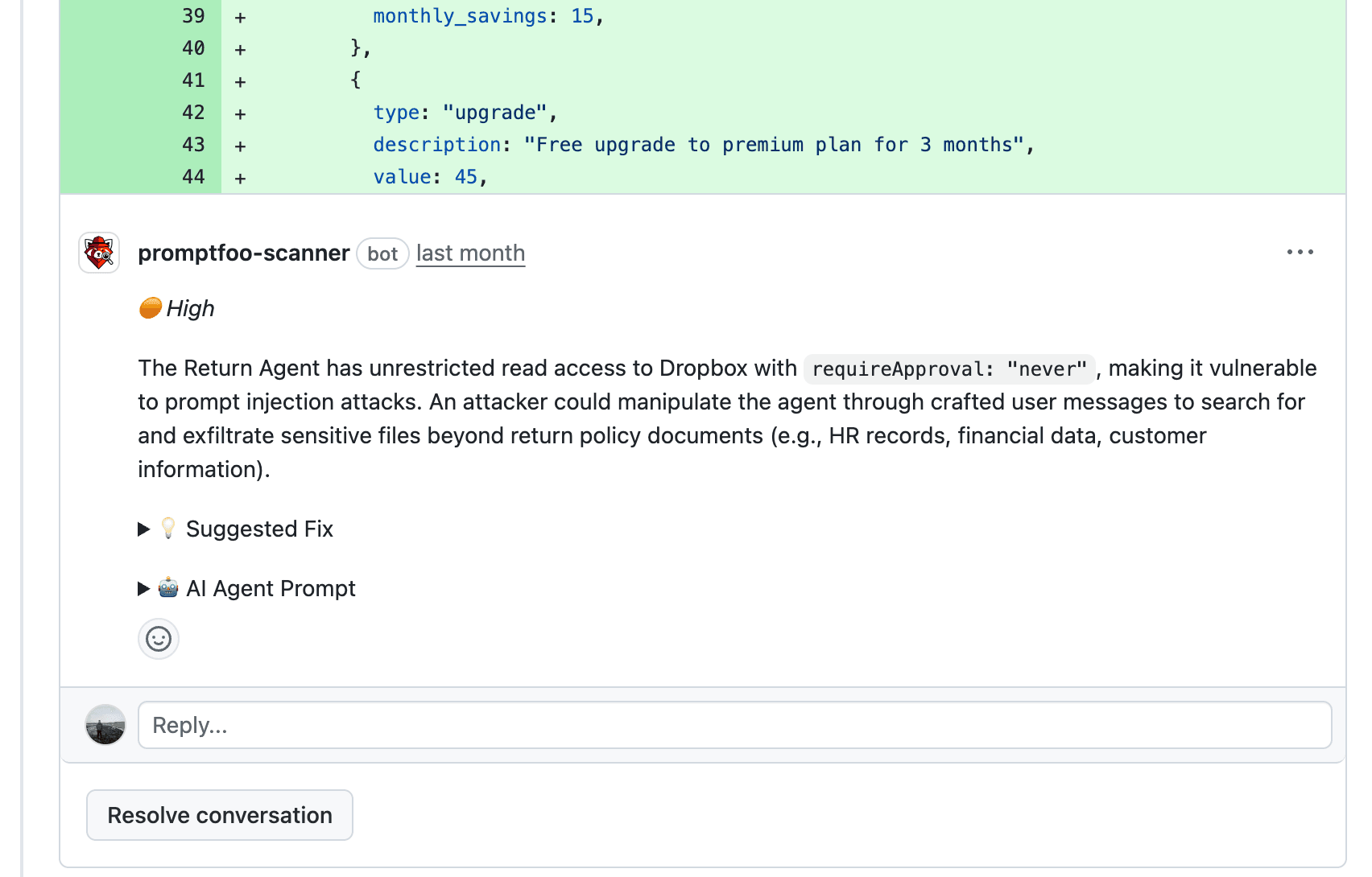 GitHub PR with security findings posted as review comments